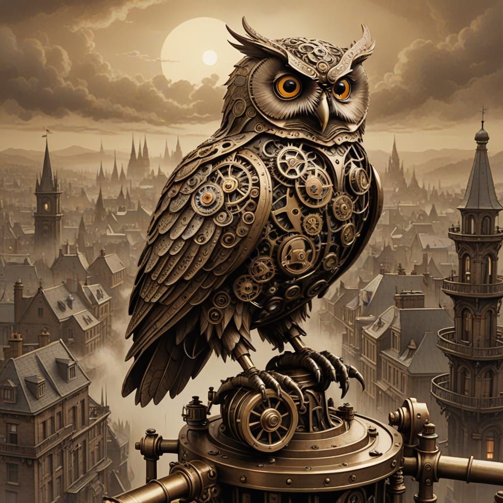 Mechanical Owl in Foggy Victorian City