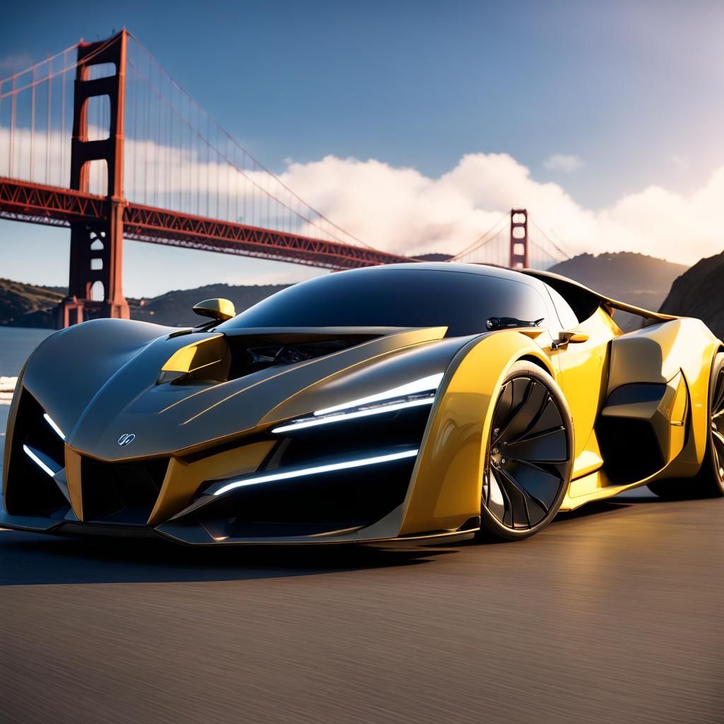 Vibrant Velocity: A Golden Encounter with a Yellow Sportscar and the Majestic Golden Gate Bridge