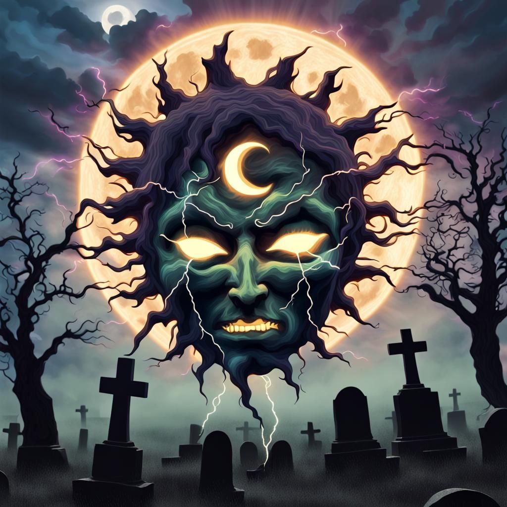 Trippy Graveyard Scene with Moon Face