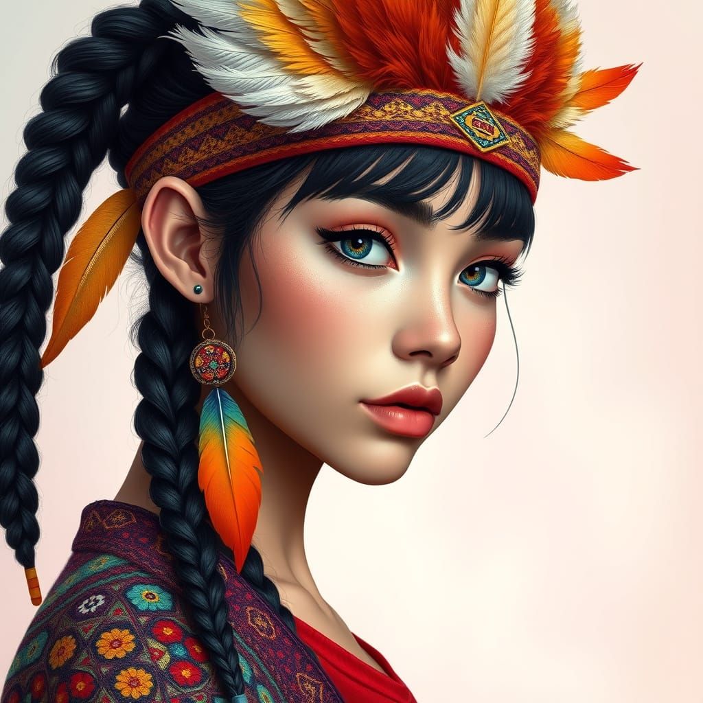 A vibrant and whimsical portrait of a young woman with a doll-like aesthetic. Her dark hair is intricately braided and p...