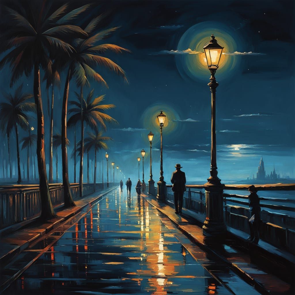 Vibrant Oil Painting of a Moonlit Seaside Boulevard