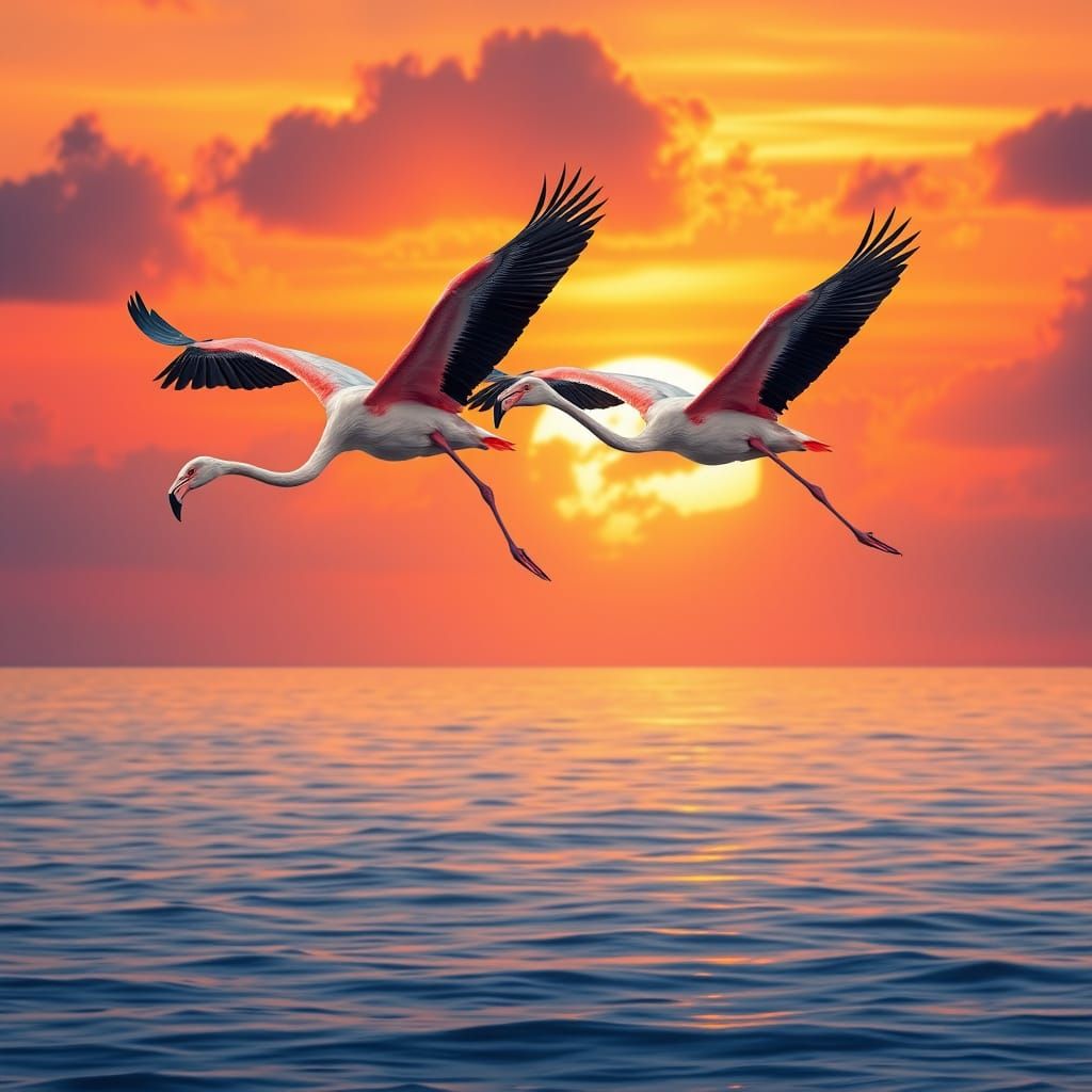 Flamingos in Flight at Sunset: Hyperrealistic Bird Art