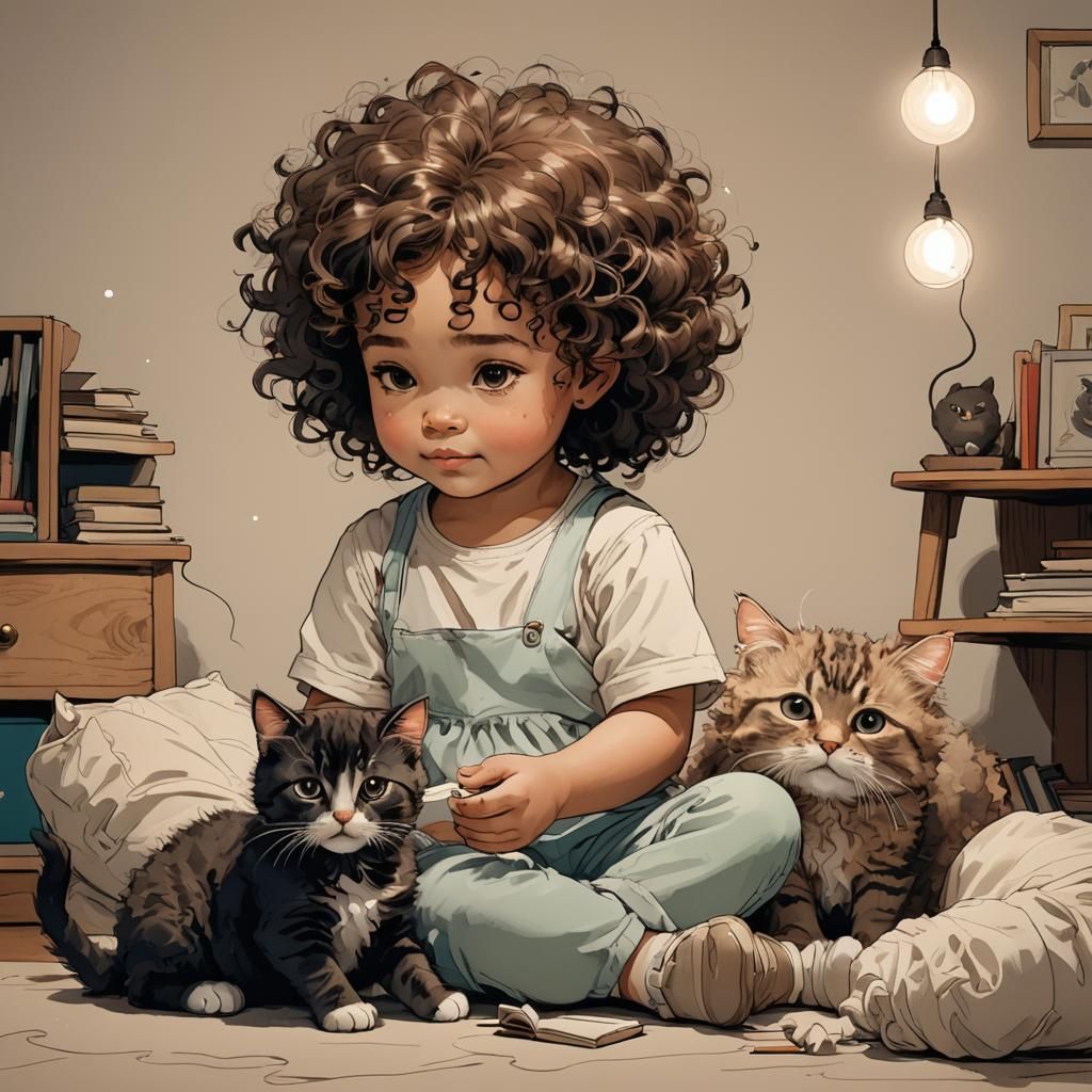 Toddler and Cat: Cherished Memory in Comic Style