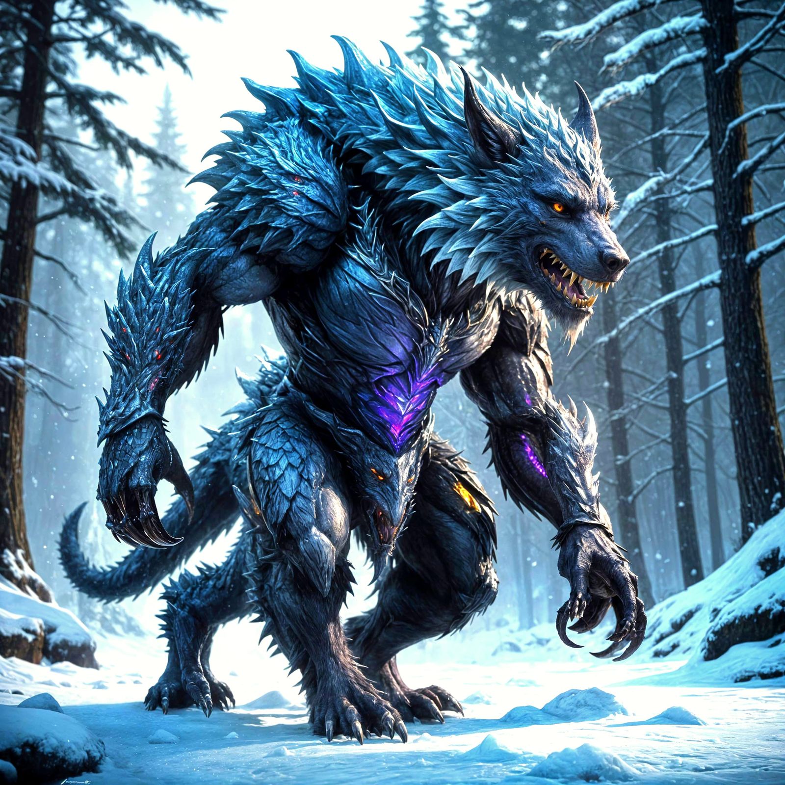 Icy Dragon-Tailed Werewolf Unleashing Frozen Powers