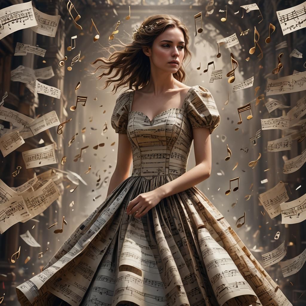 Woman's Dress Crafted from Musical Score: Detailed Fantasy A...
