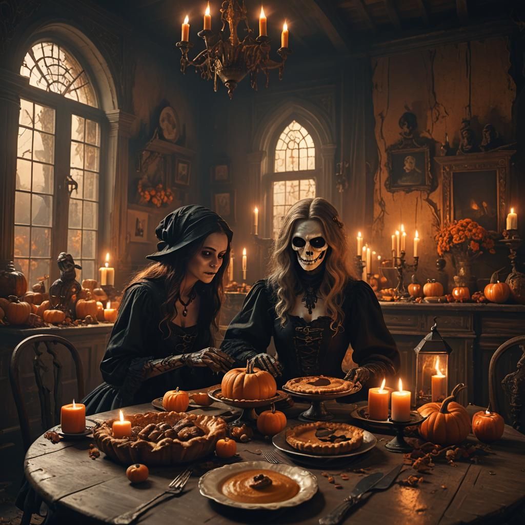 Witch and Ghost Enjoying Pumpkin Pie, Digital Painting
