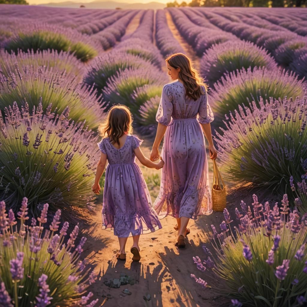 Lavender Field Walk: Art Nouveau Fantasy Scene