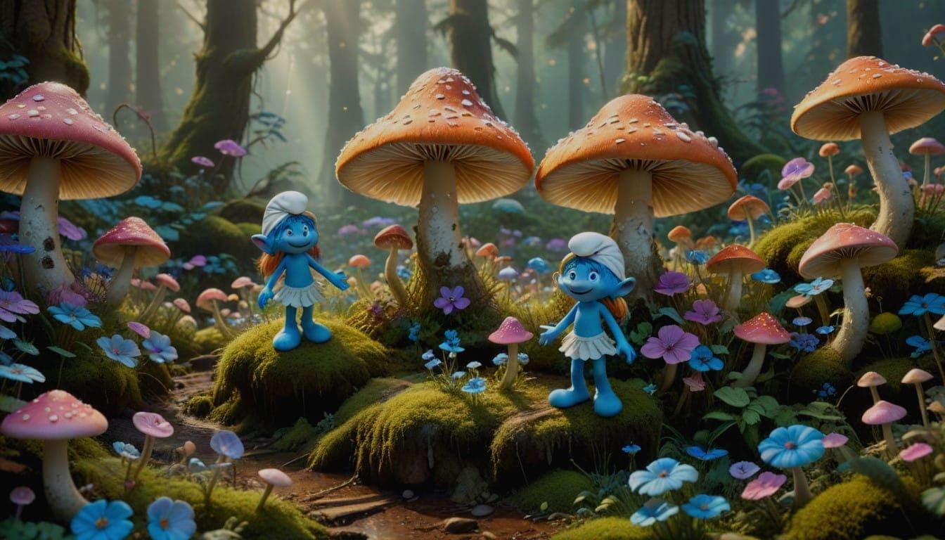 Smurfs in Enchanted Forest, Whimsical Thomas Kinkade Style