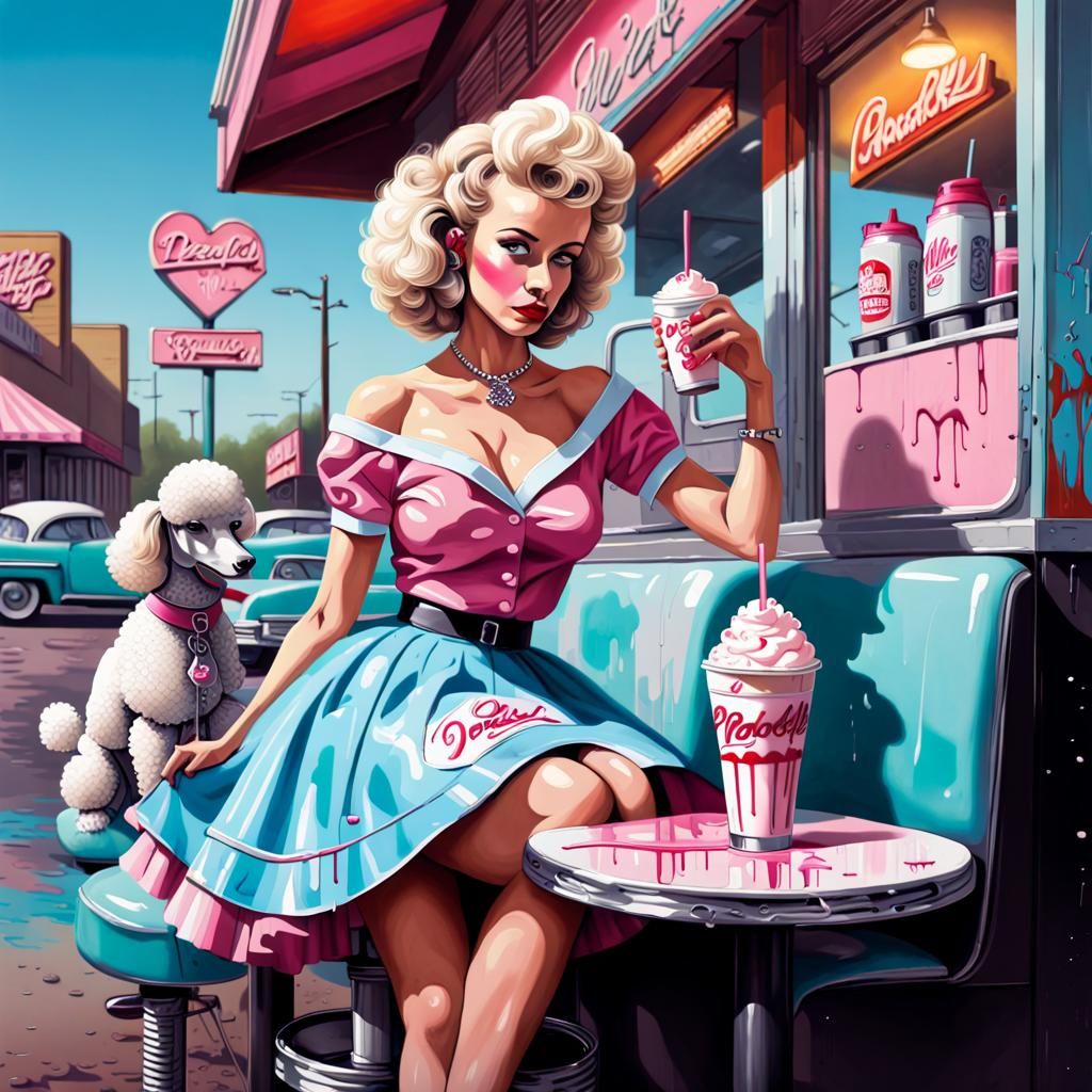 Heartbroken Woman at 1950s Diner in Graffiti Art