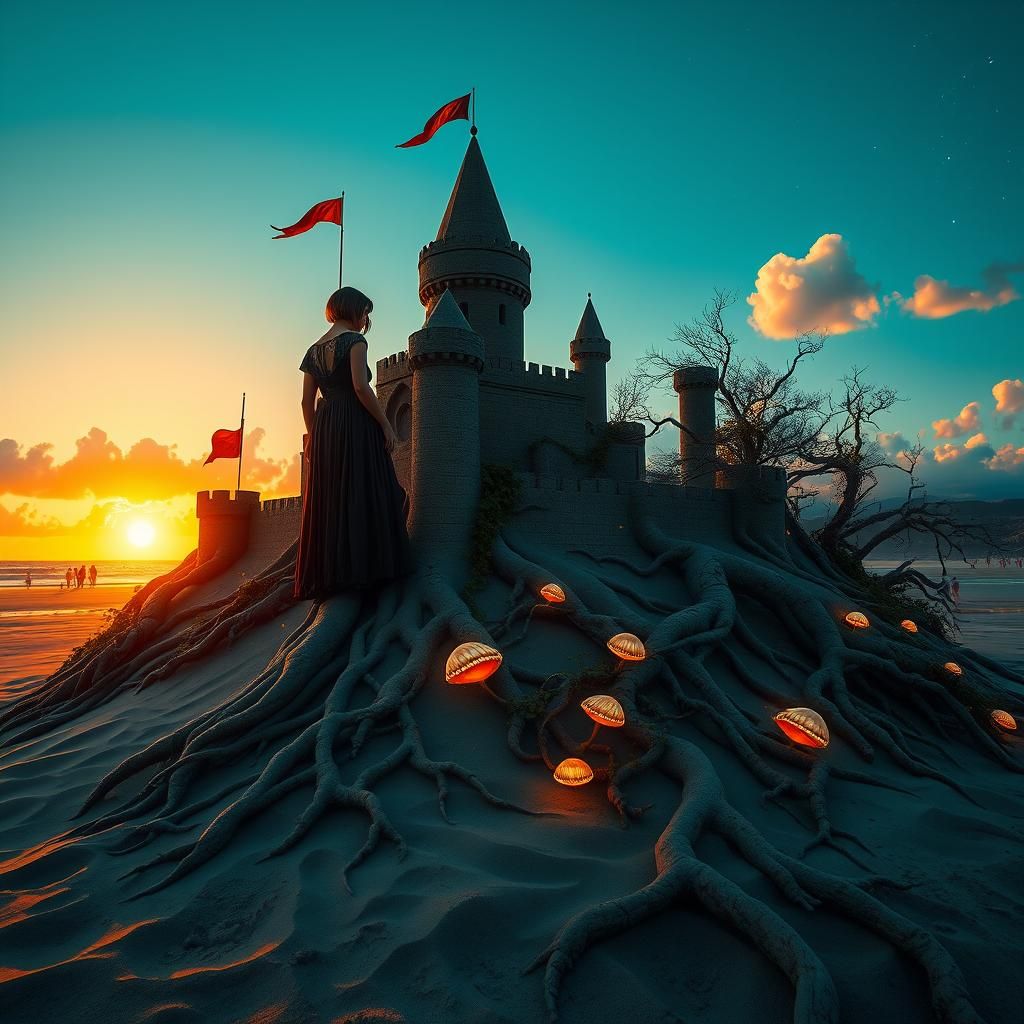 Majestic sand castle with intricate moat, towers, vibrant flags, and delicate seashells...