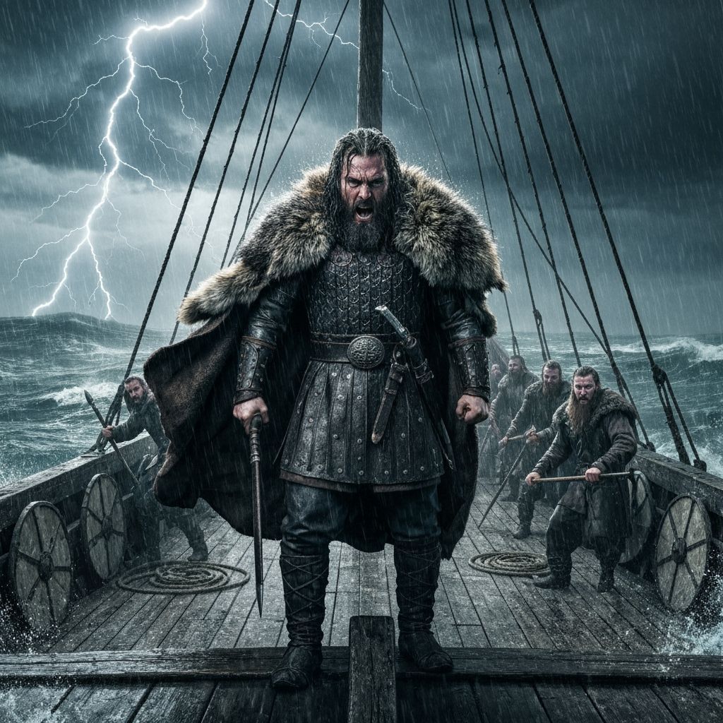 Viking Warrior in Stormy Seas, Photorealistic Scene