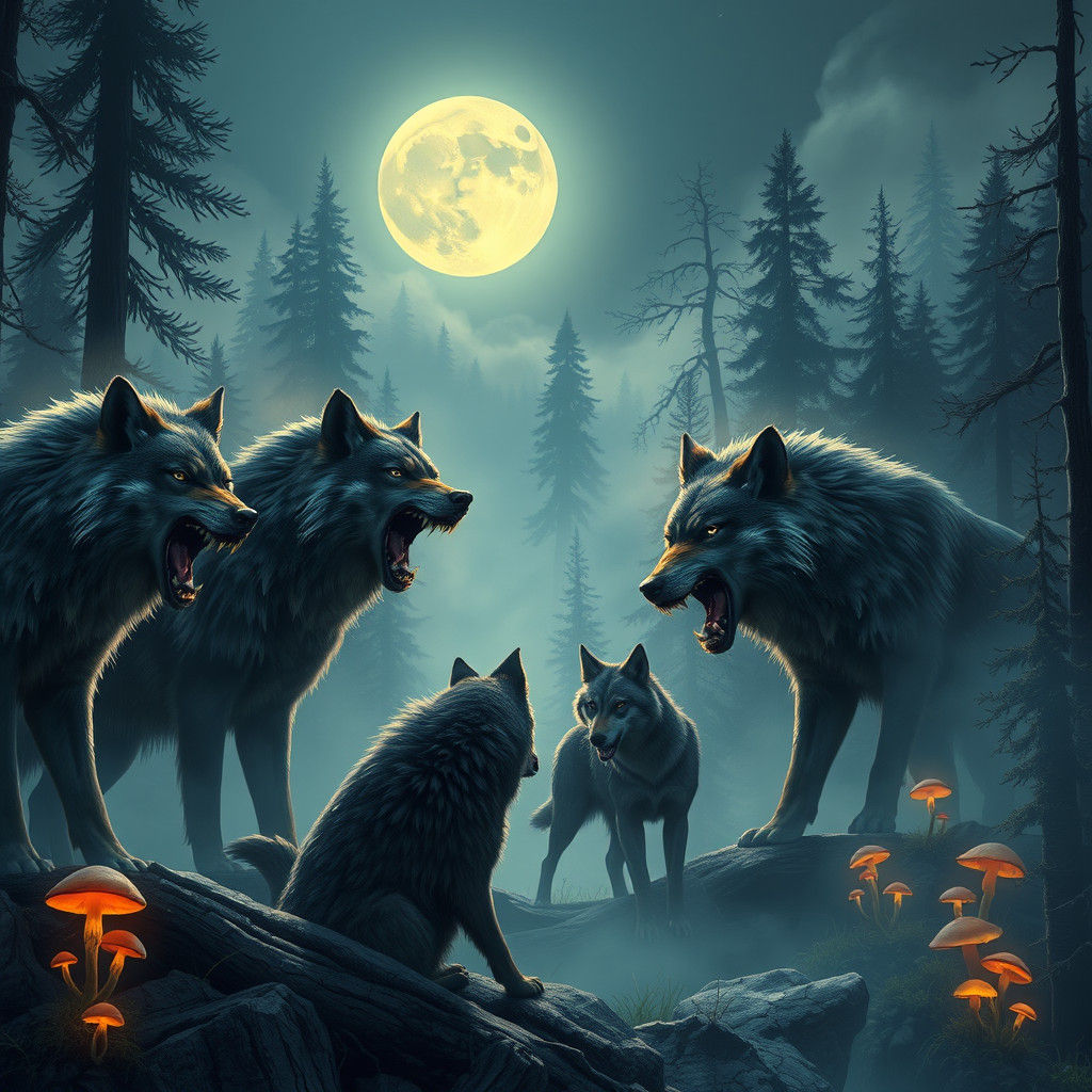 Wolves Confront Coyotes in Moonlit Fantasy Forest