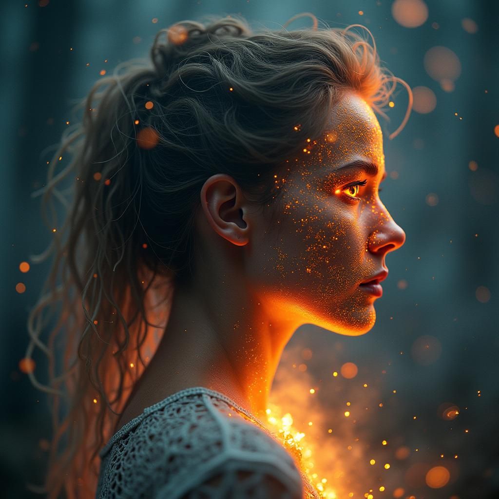 Fiery Woman in Cosmic Wildfire Double Exposure
