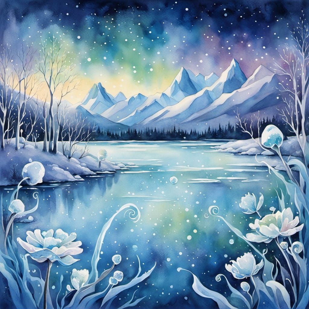 Ethereal Ice Flowers Bloom Under Aurora Borealis Watercolor