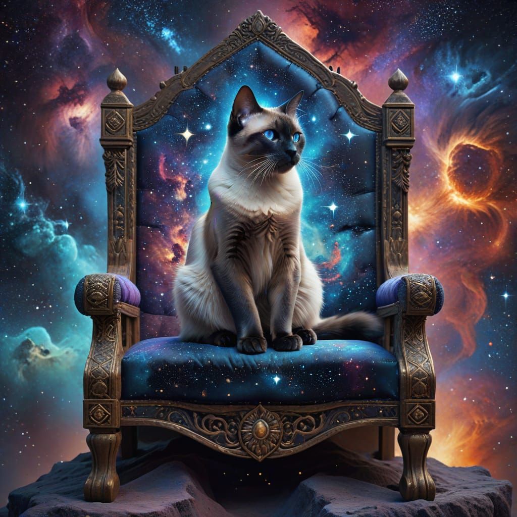 Siamese Cat on Nebula Throne in Cosmic Landscape