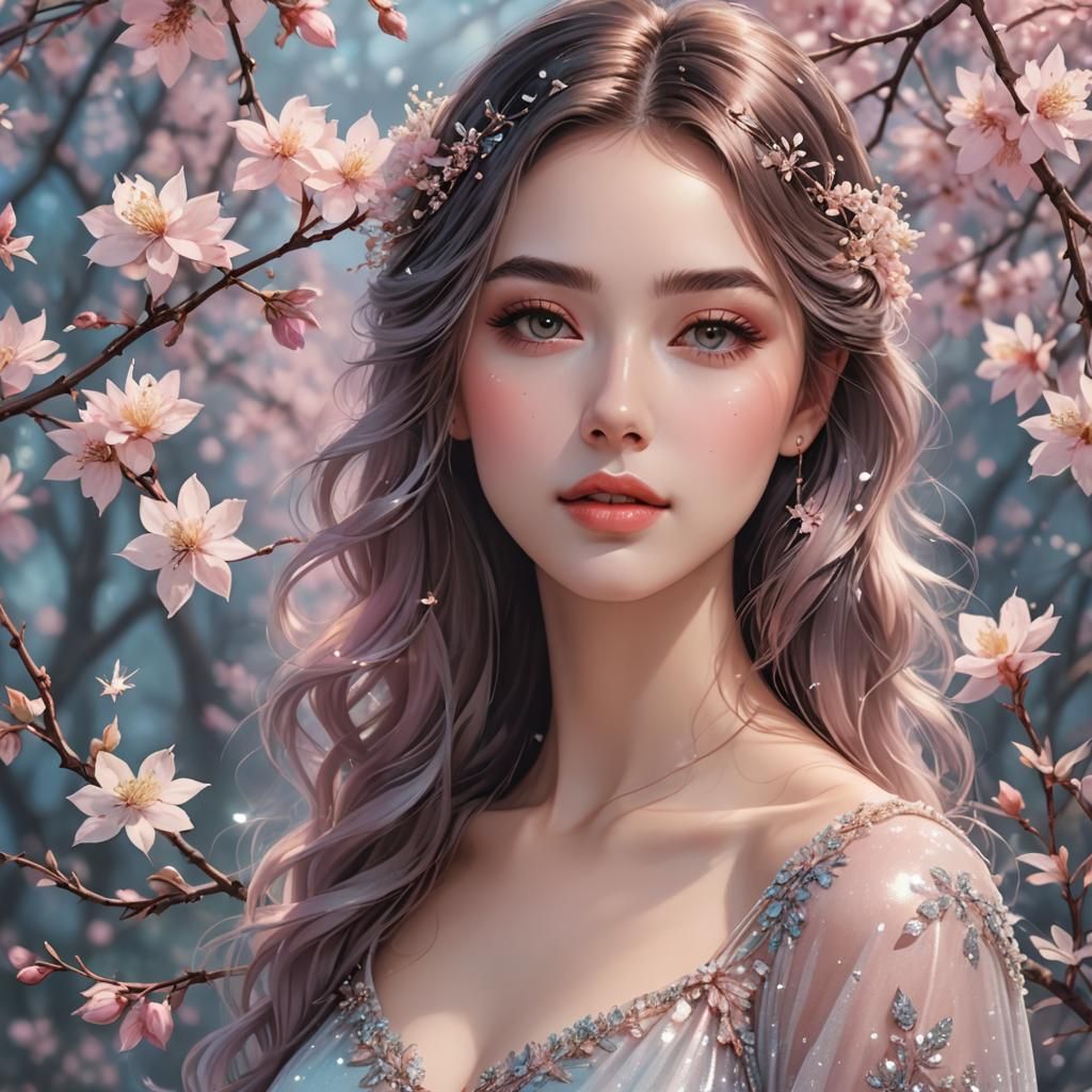 Charming Girl in Pastel Botanical Art Style