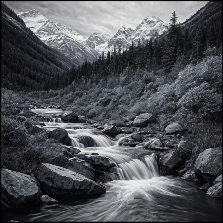 Photorealistic black and white mountain scene reminiscent of...