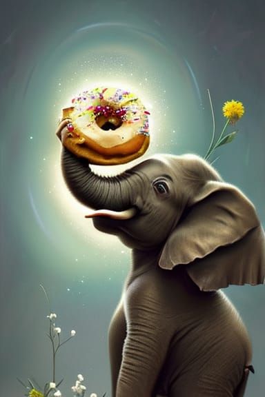 Star-Eyed Elephant Eats Donut, Digital Art Portrait