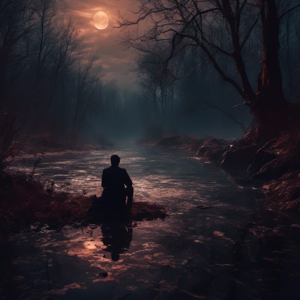 Macabre Silhouette: Man by River at Night