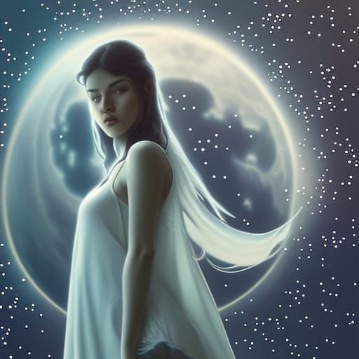Sad Moon Woman Portrait in Hyperdetailed Style