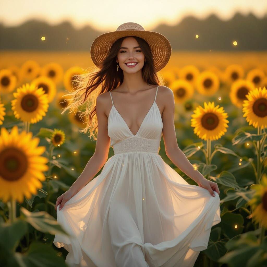 Woman in Sunflower Field with Fireflies, Art Nouveau Style