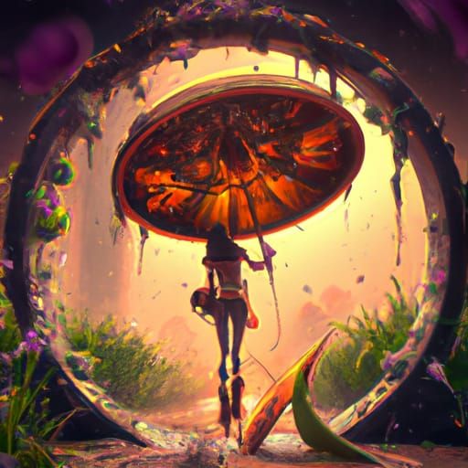Girl with Umbrella in Floral Frame, Dark Fantasy Art