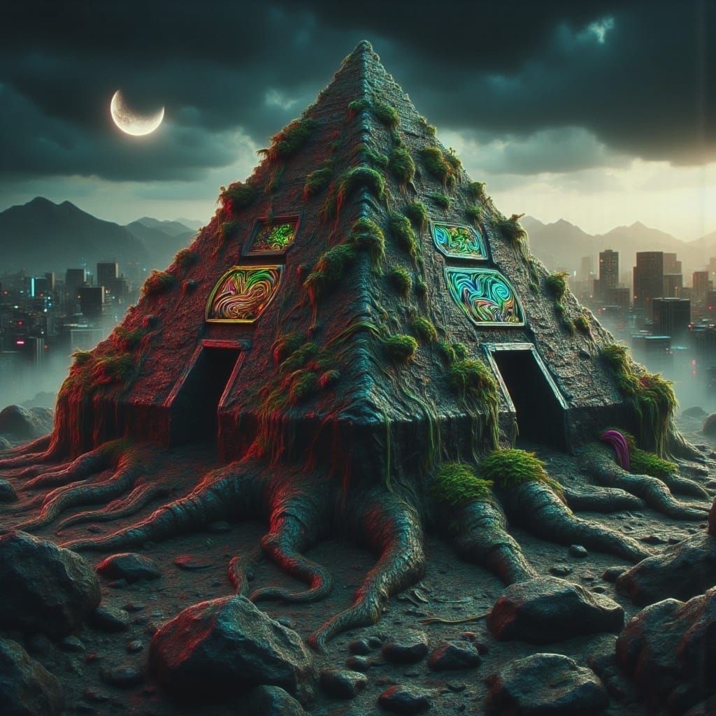 Ancient Pyramid in Desolate Landscape with Glowing Runes