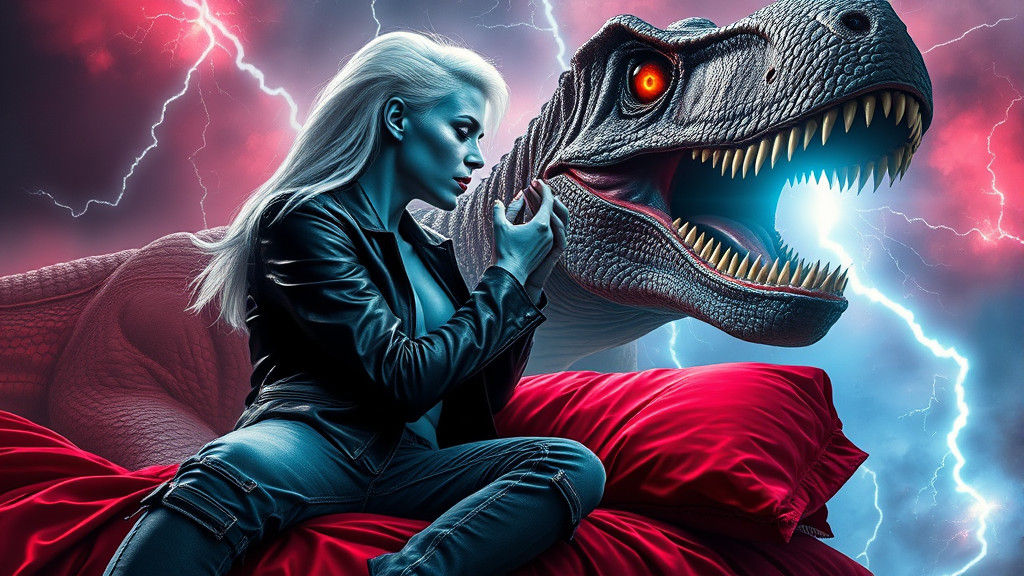 Alien Woman Kisses Man as T-Rex Attacks