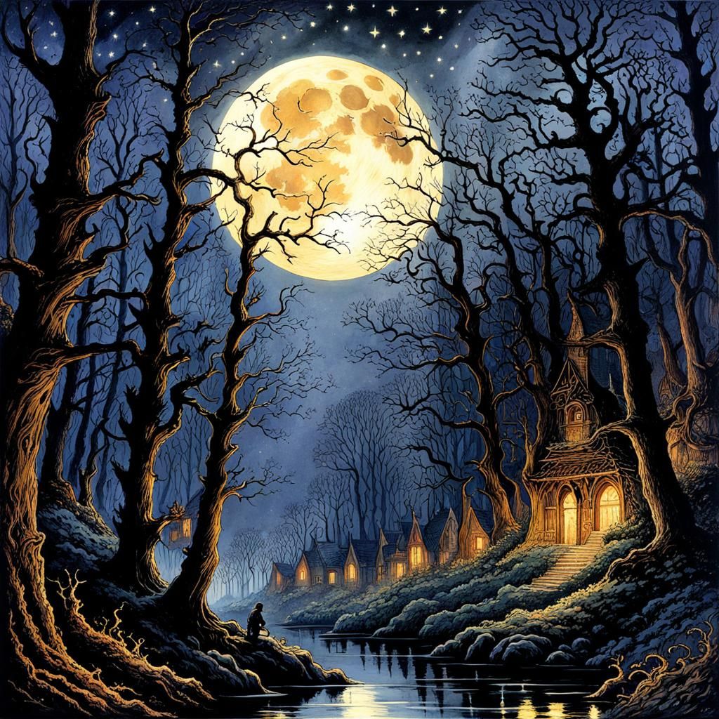 Dark Fantasy Forest at Twilight in Watercolor