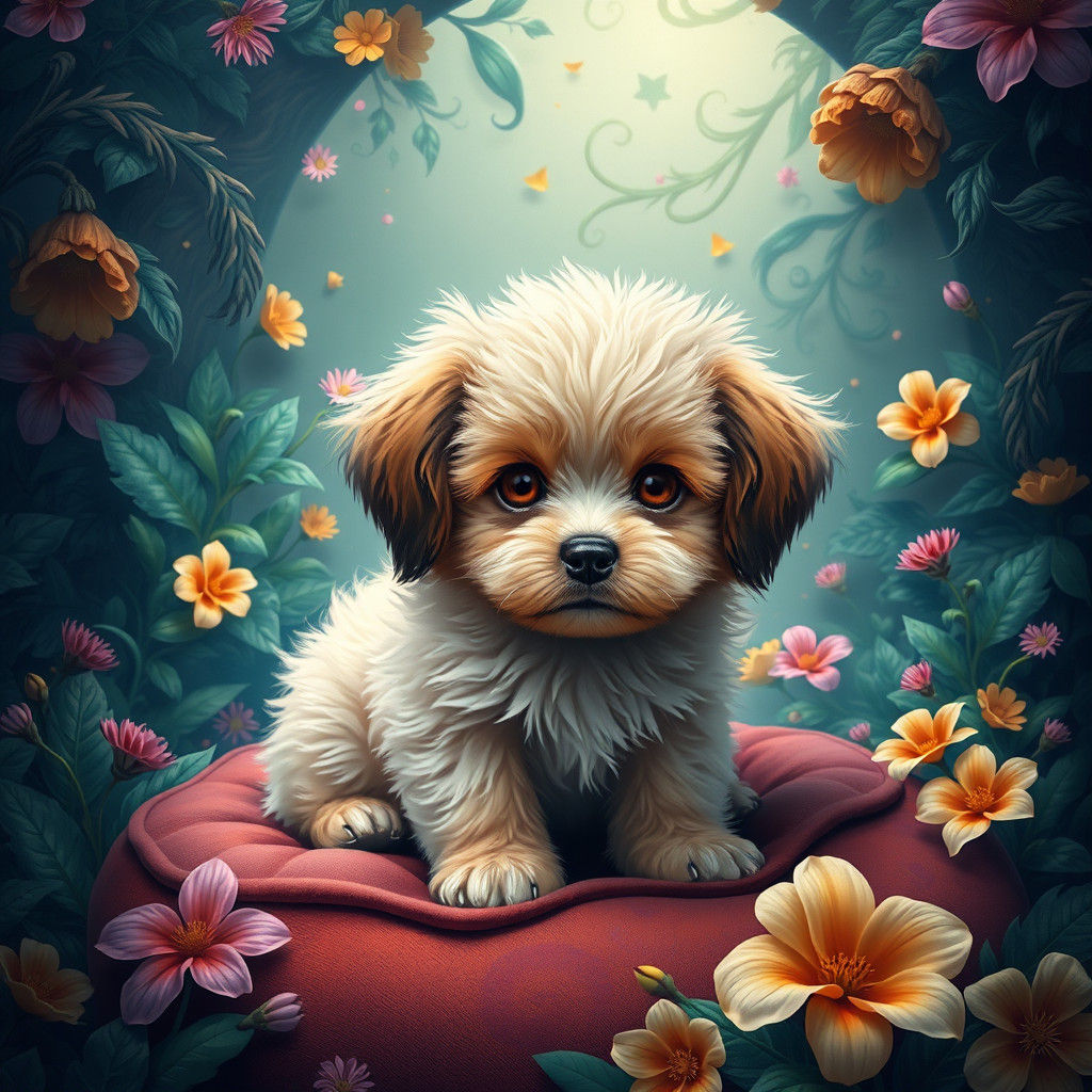 Adorable Puppy in Dreamlike Fantasy Landscape