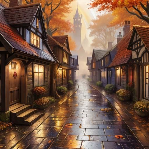Autumn Tudor Village Street in Digital Painting Style