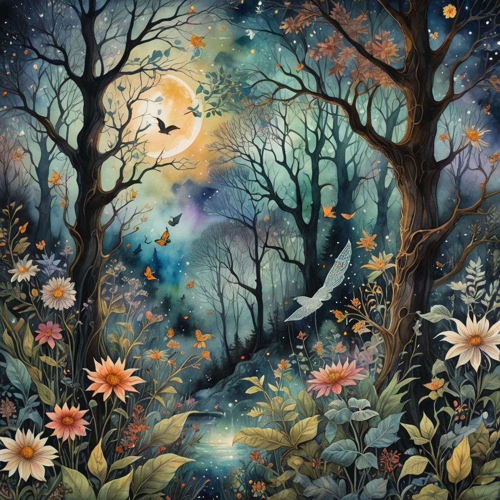 Mystical Forest in Moonlight: A Pre-Raphaelite Watercolor