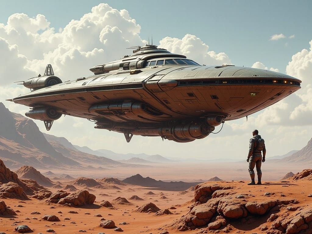 Sleek Spaceship Surveys Barren Alien World