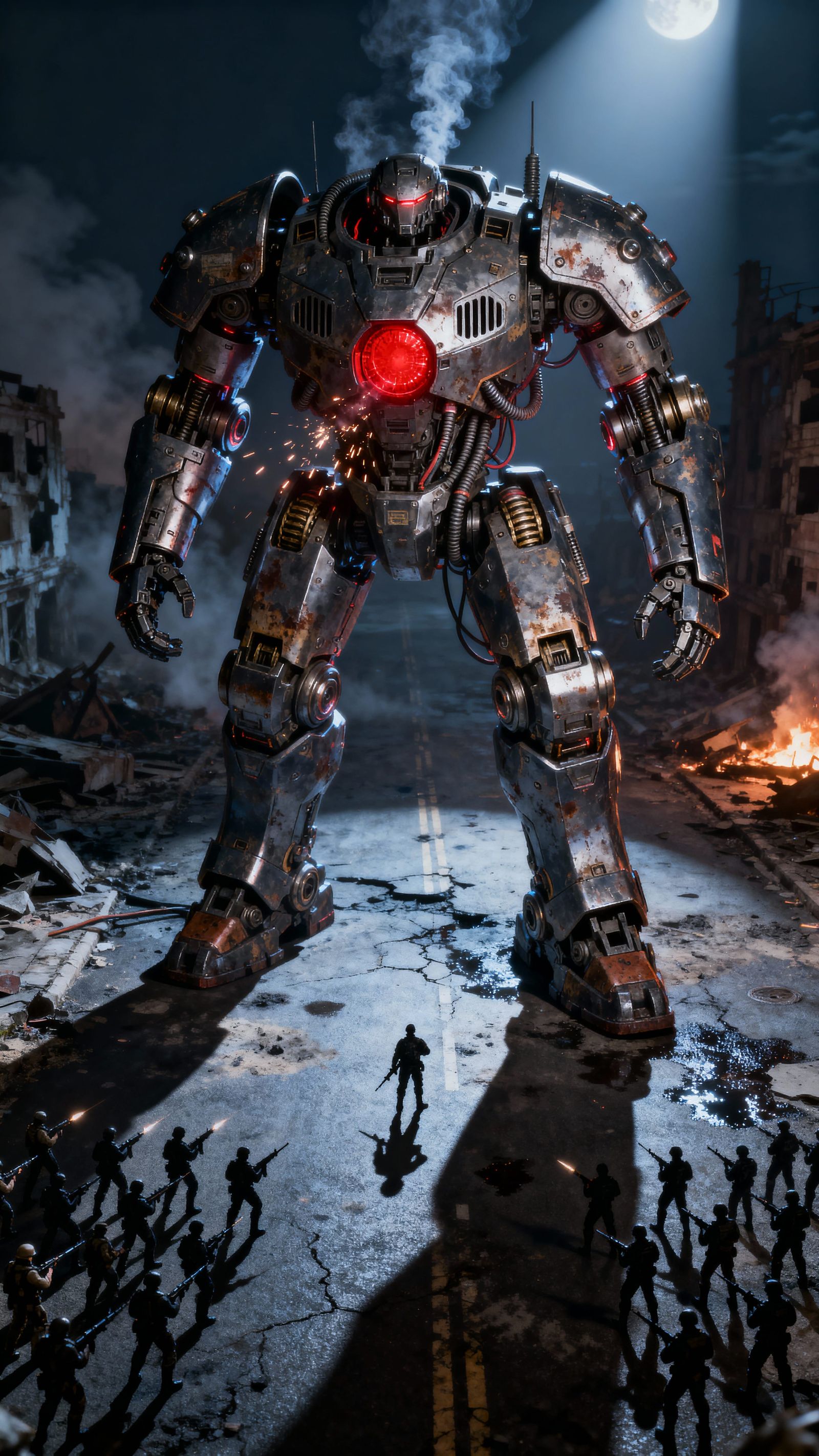 Towering War Mech on Devastated Battlefield