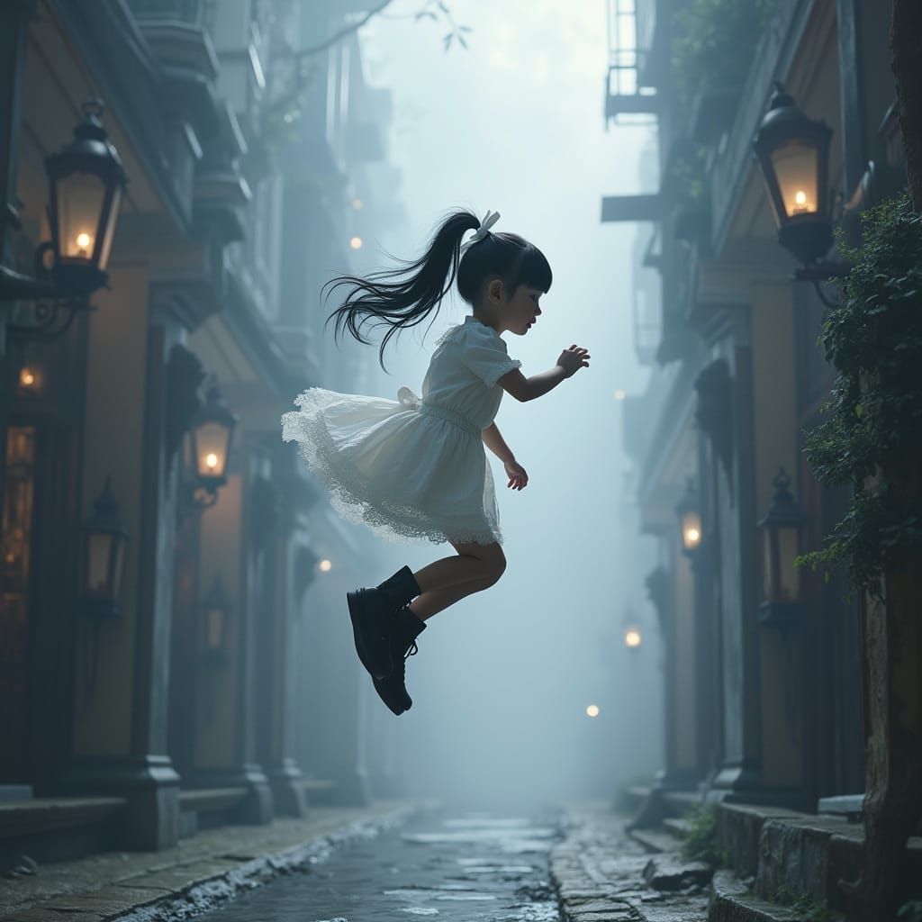 Ethereal Girl Flies Through Mysterious Gray Landscape