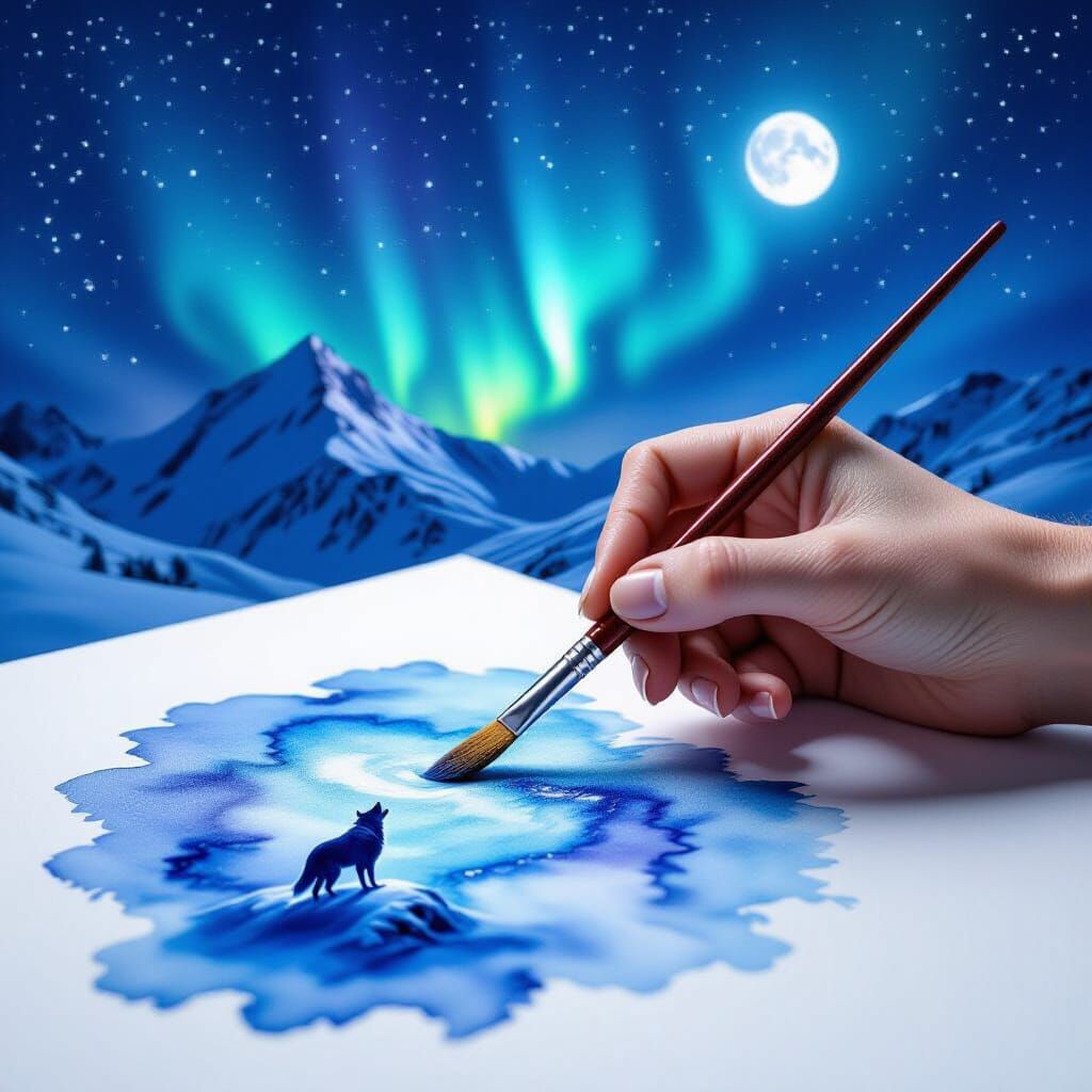 AI Paints Northern Lights Landscape With Wolf