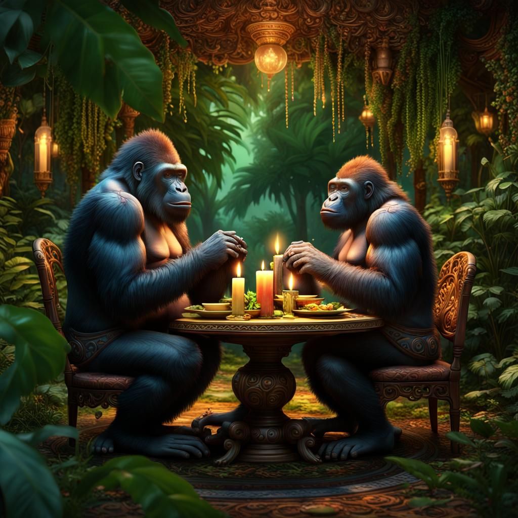 Gorillas' Candlelit Dinner in Lush Jungle, Digital Art