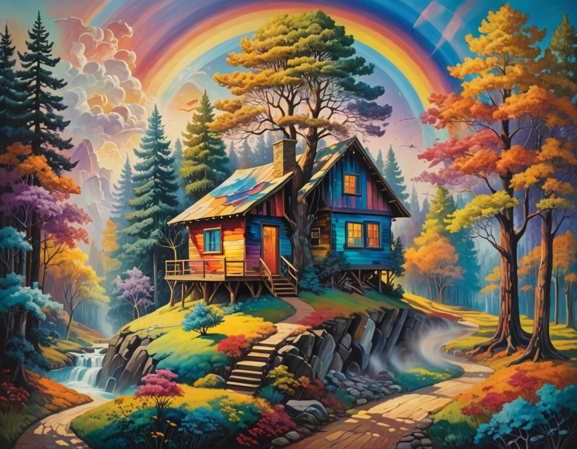 Rainbow Cabin in Surreal Fauvist Forest