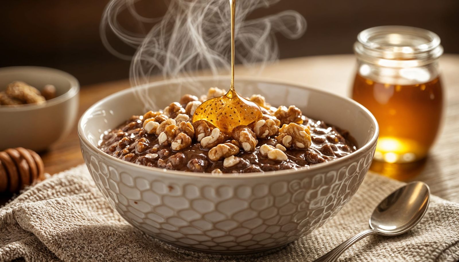 Chocolate Oatmeal Dessert Bowl with Honey and Walnuts