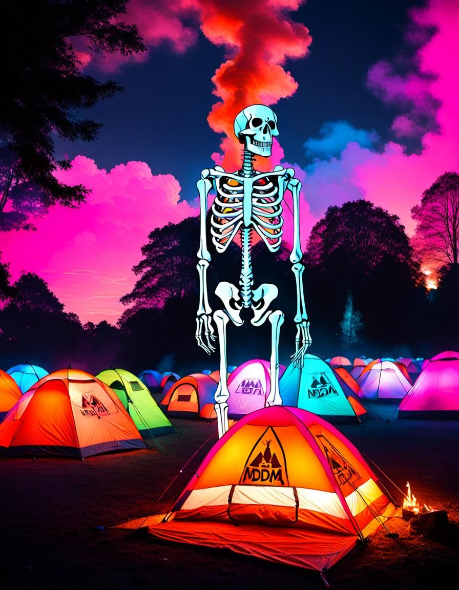 Surreal Neon Encampment with Unicorn Skeleton