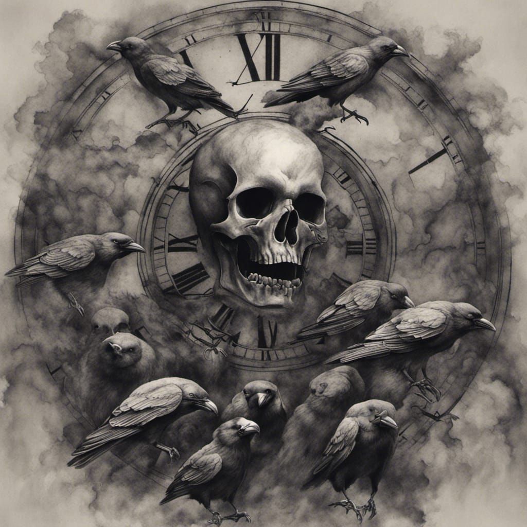 Charcoal Ravens Emerging from Skull Clock