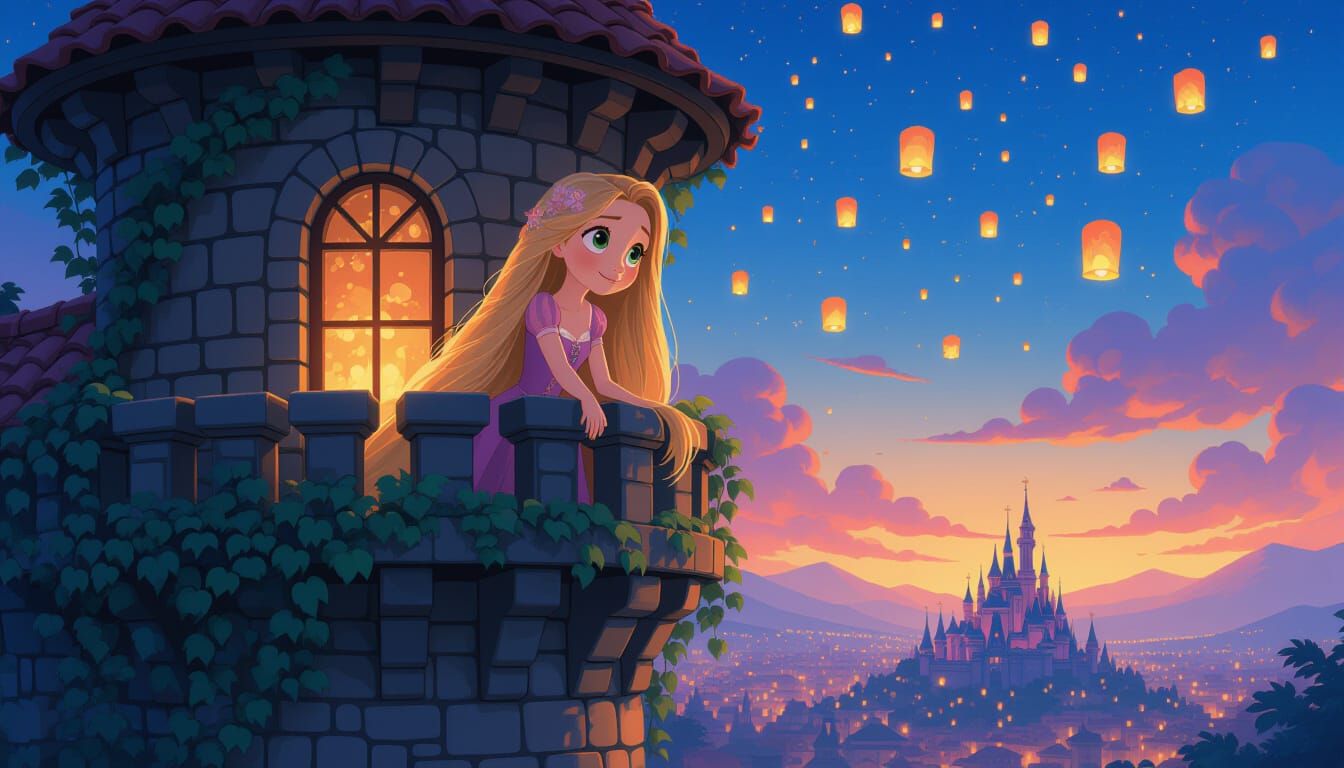Rapunzel and Lanterns: Digital Anime Space Art