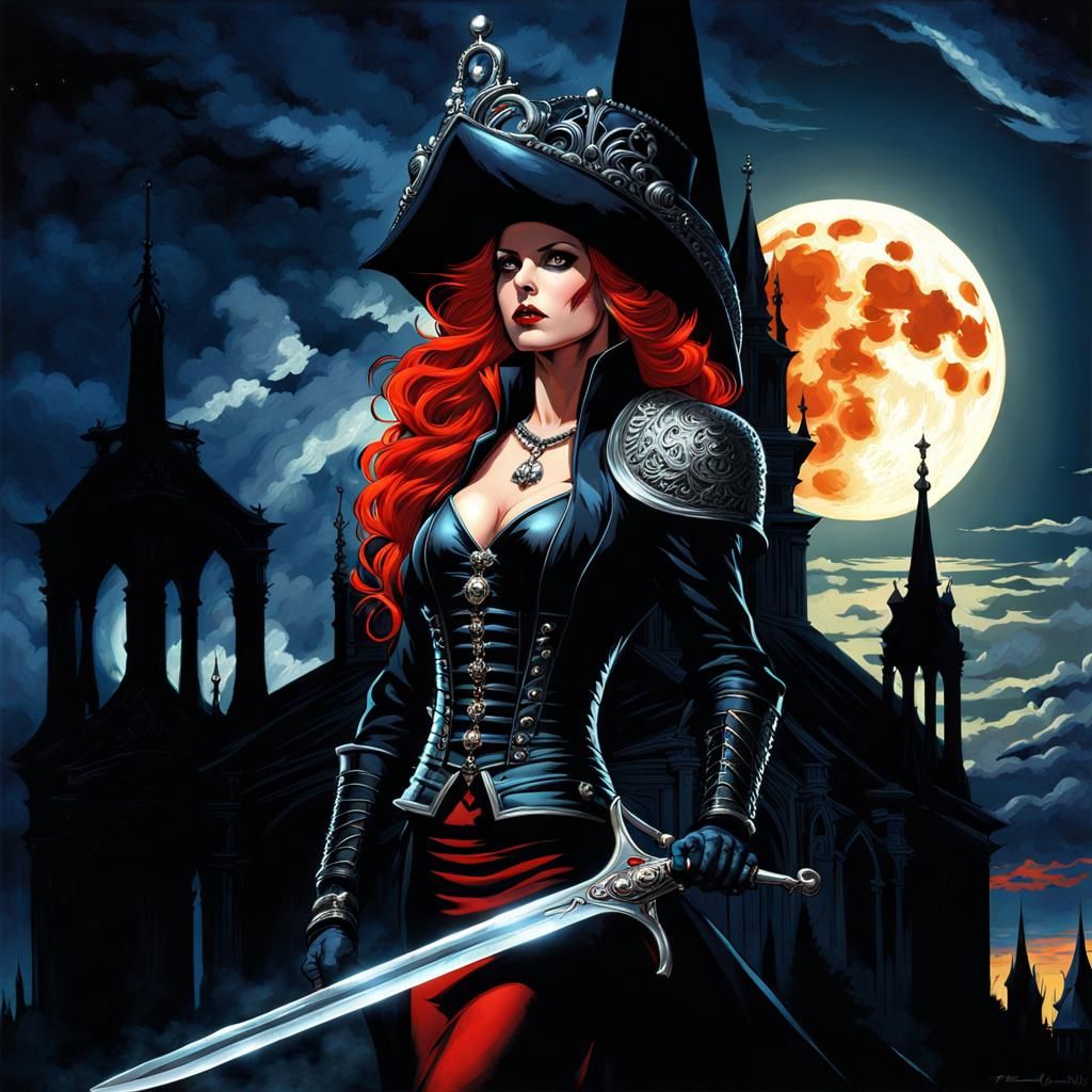 Gothic Vampire Hunter on Church, by Vallejo and Frazetta