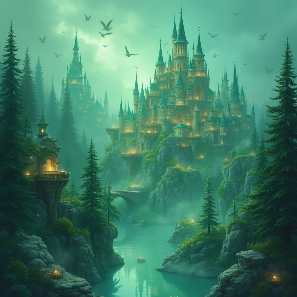 Whimsical Emerald Cityscape in Dreamy, Hyperdetailed Style
