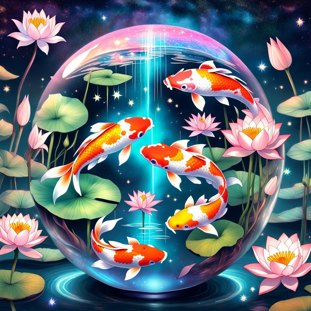 Koi and Lotus in Starry Orb: Cosmic Illustration