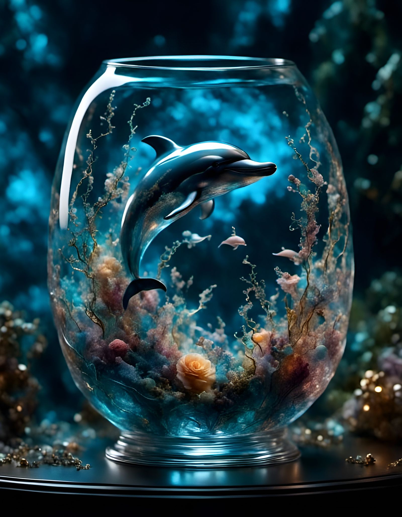 Ocean in Glass with Dolphin: A Midnight Space Dream