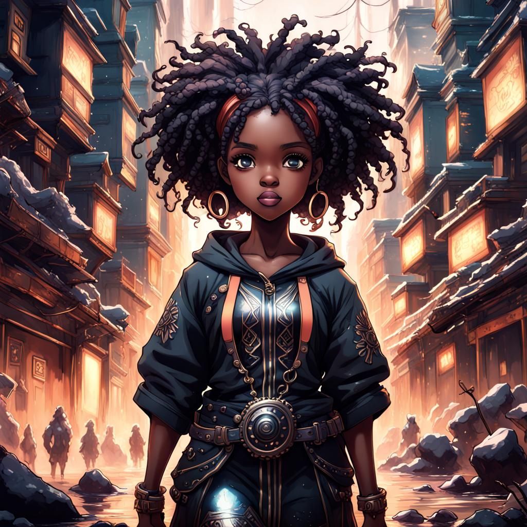 Cute Black Manga Girl in Detailed Matte Painting