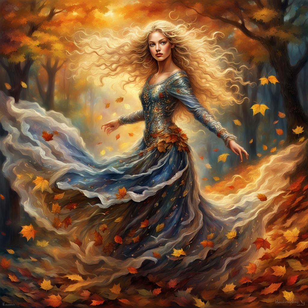 Golden Haired Autumn Girl Dancing at Night