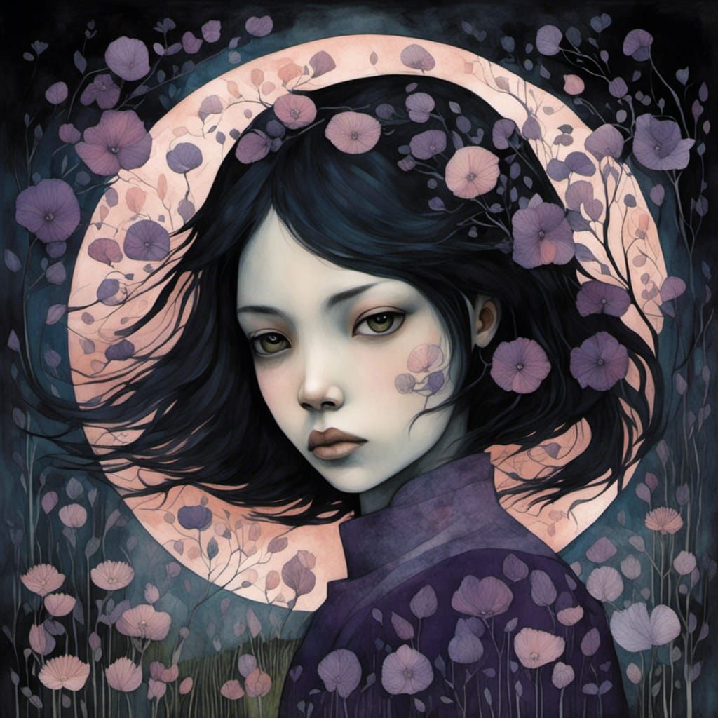 Layered Watercolor Illustration of Woman in Countryside