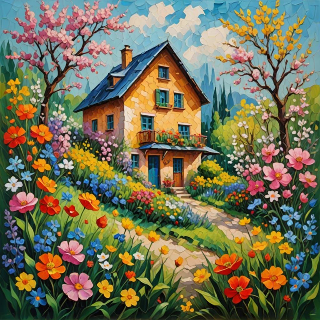 Spring House in Vibrant Neo-Impressionist Style